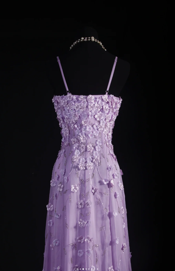 Fairy Spaghetti Straps Sheath Long Prom Dresses Chiffon Beaded Lilac Evening Dresses Sleeveless Party Dresses DP04276