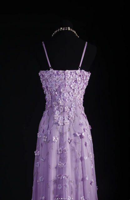 Fairy Spaghetti Straps Sheath Long Prom Dresses Chiffon Beaded Lilac Evening Dresses Sleeveless Party Dresses DP04276