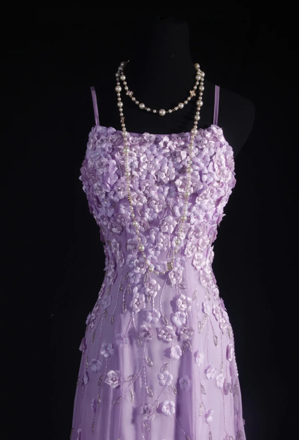 Fairy Spaghetti Straps Sheath Long Prom Dresses Chiffon Beaded Lilac Evening Dresses Sleeveless Party Dresses DP04276