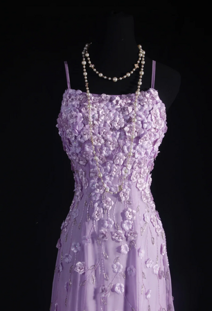 Fairy Spaghetti Straps Sheath Long Prom Dresses Chiffon Beaded Lilac Evening Dresses Sleeveless Party Dresses DP04276
