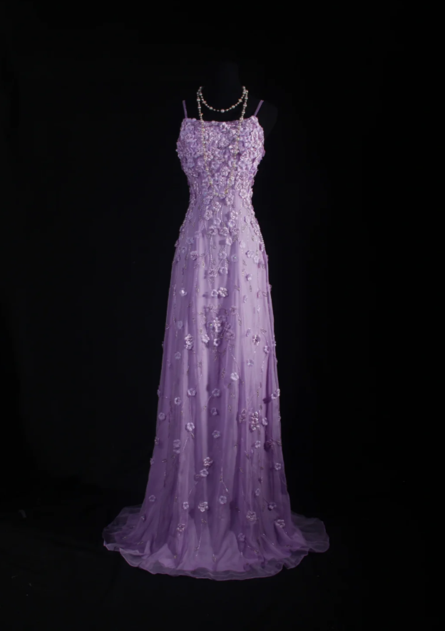 Fairy Spaghetti Straps Sheath Long Prom Dresses Chiffon Beaded Lilac Evening Dresses Sleeveless Party Dresses DP04276