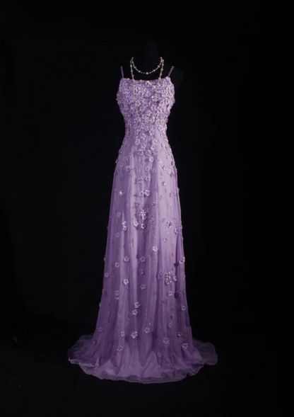 Fairy Spaghetti Straps Sheath Long Prom Dresses Chiffon Beaded Lilac Evening Dresses Sleeveless Party Dresses DP04276