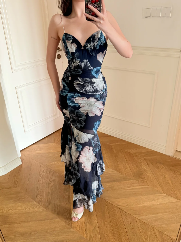 Sexy Spaghetti Straps Sheath Long Prom Dresses Chiffon Floral Evening Dresses Sleeveless Party Dresses  DP04277