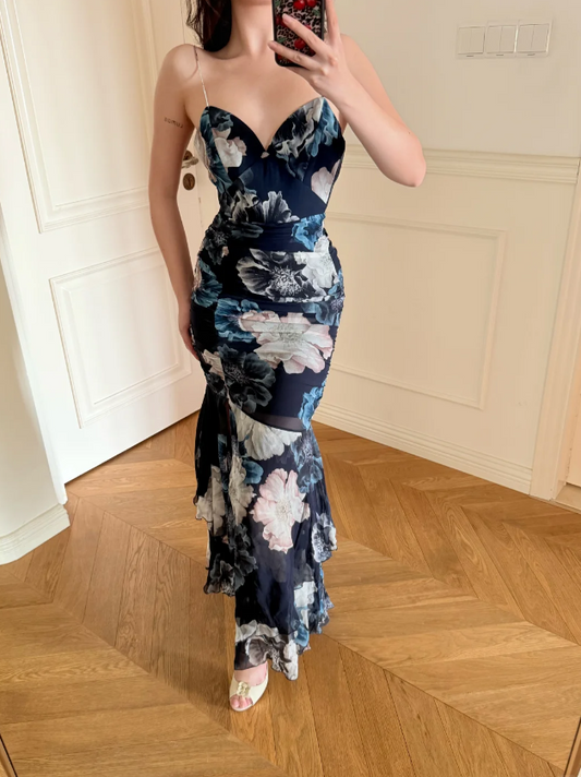 Sexy Spaghetti Straps Sheath Long Prom Dresses Chiffon Floral Evening Dresses Sleeveless Party Dresses  DP04277