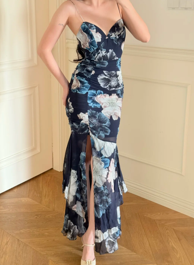 Sexy Spaghetti Straps Sheath Long Prom Dresses Chiffon Floral Evening Dresses Sleeveless Party Dresses  DP04277