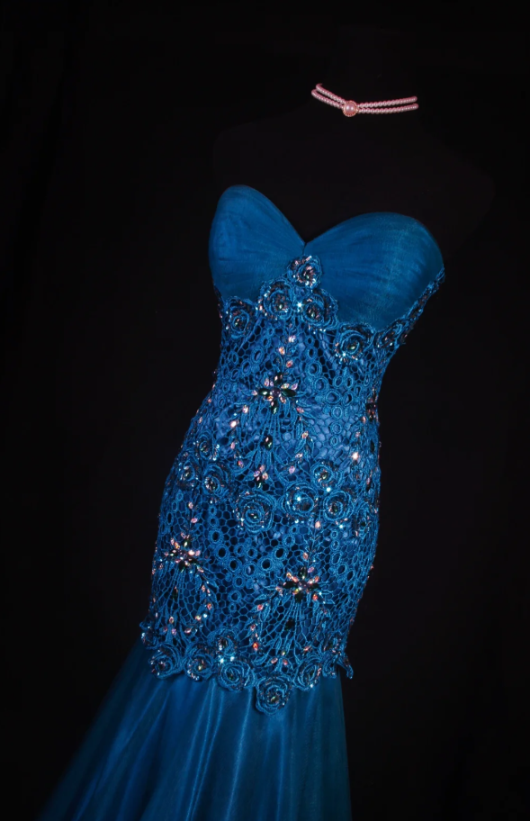 Elegant Sweetheart Mermaid Long Prom Dresses Tulle Appliques Blue Evening Dresses Sleeveless Birthday Dresses DP04280