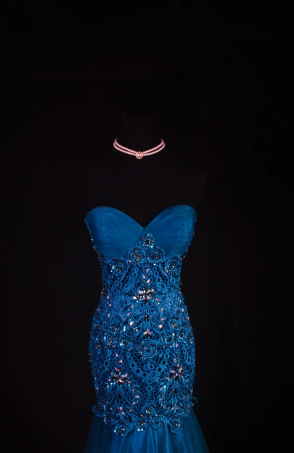 Elegant Sweetheart Mermaid Long Prom Dresses Tulle Appliques Blue Evening Dresses Sleeveless Birthday Dresses DP04280