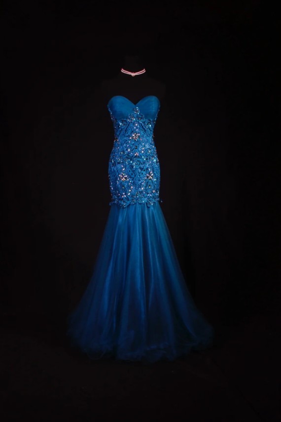 Elegant Sweetheart Mermaid Long Prom Dresses Tulle Appliques Blue Evening Dresses Sleeveless Birthday Dresses DP04280