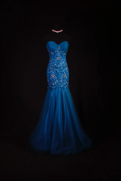 Elegant Sweetheart Mermaid Long Prom Dresses Tulle Appliques Blue Evening Dresses Sleeveless Birthday Dresses DP04280