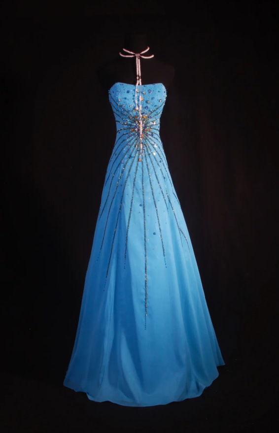 Elegant Strapless A-Line Long Prom Dresses Satin Beaded Blue Evening Dresses Sleeveless Birthday Dresses DP04281
