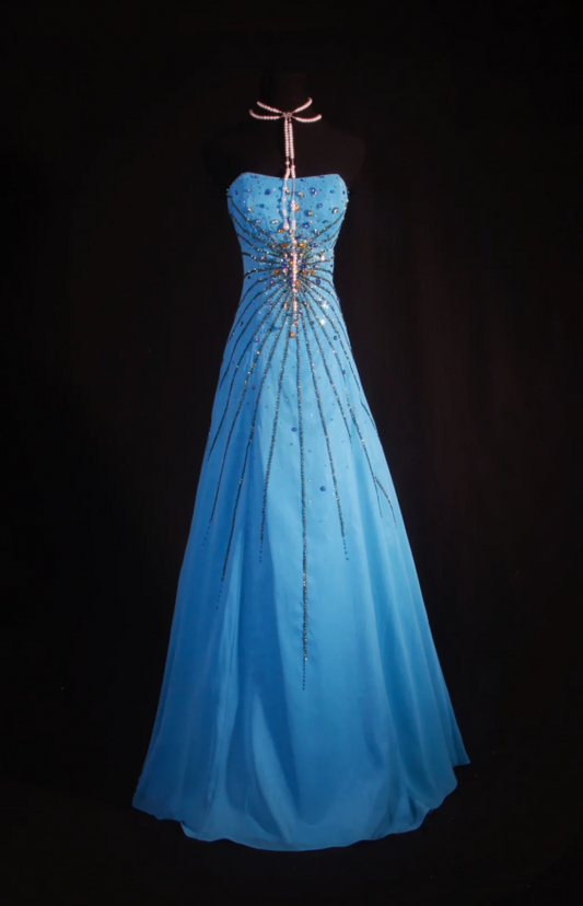 Elegant Strapless A-Line Long Prom Dresses Satin Beaded Blue Evening Dresses Sleeveless Birthday Dresses DP04281