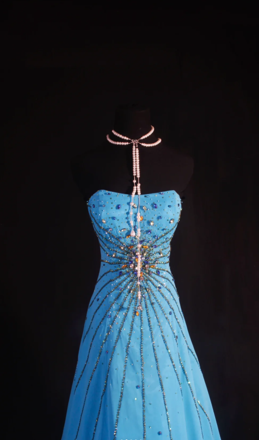 Elegant Strapless A-Line Long Prom Dresses Satin Beaded Blue Evening Dresses Sleeveless Birthday Dresses DP04281