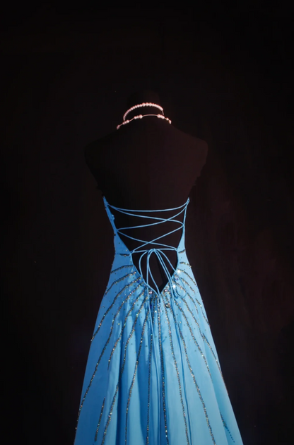 Elegant Strapless A-Line Long Prom Dresses Satin Beaded Blue Evening Dresses Sleeveless Birthday Dresses DP04281