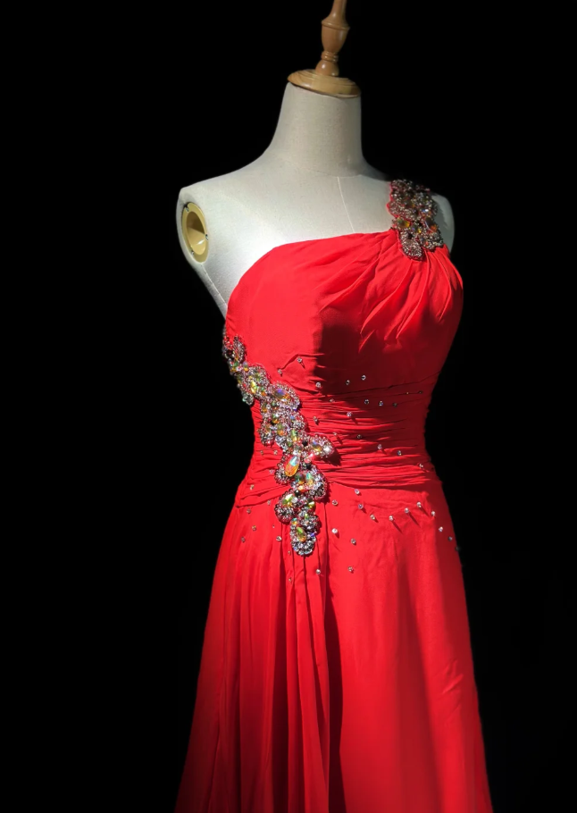 Elegant One-shoulder A-Line  Long Prom Dresses Chiffon Beaded Red Evening Dresses Sleeveless Mother of Bride Dresses  DP04282