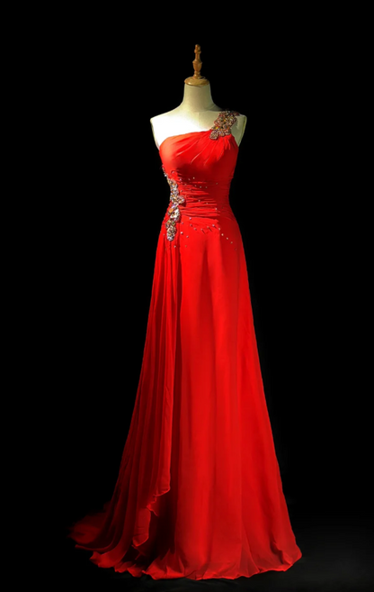 Elegant One-shoulder A-Line  Long Prom Dresses Chiffon Beaded Red Evening Dresses Sleeveless Mother of Bride Dresses  DP04282