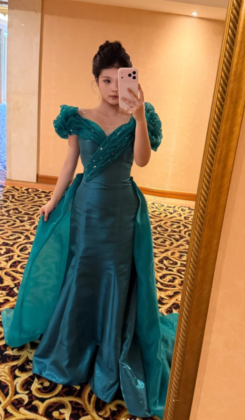 Chic Off-shoulder Sheath Long Prom Dresses Tulle Teal Evening Dresses Cup Sleeves Birthday Dresses DP04285
