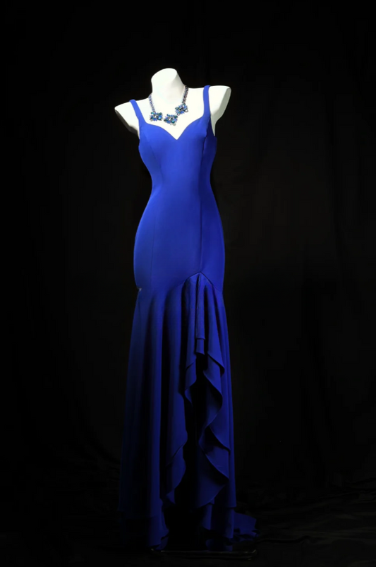 Chic Straps Sheath Long Prom Dresses Chiffon Royal Blue Evening Dresses Sleeveless Birthday Dresses DP04287