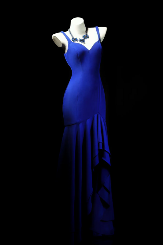 Chic Straps Sheath Long Prom Dresses Chiffon Royal Blue Evening Dresses Sleeveless Birthday Dresses DP04287