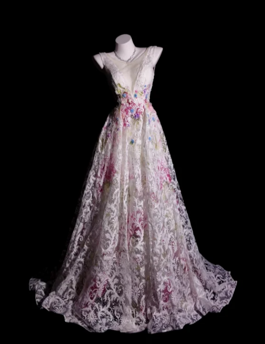 Chic V-Neck A-Line Long Prom Dresses Lace White Evening Dresses Sleeveless Birthday Dresses DP04288