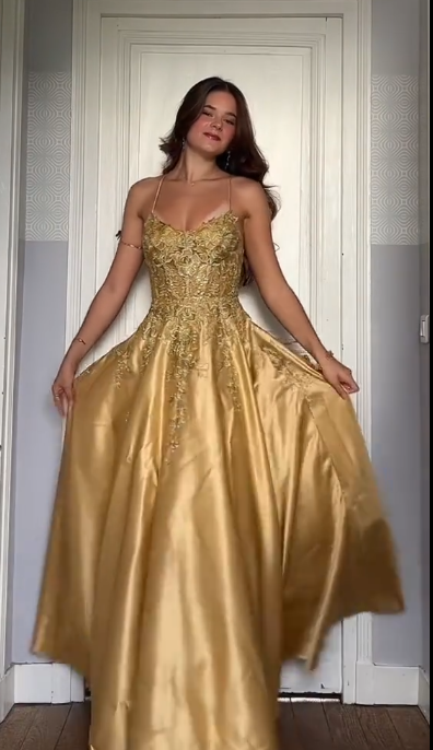 Chic Spagetti Straps A-Line Long Prom Dresses Satin Applique Gold Evening Dresses Sleeveless Birthday Dresses DP04289