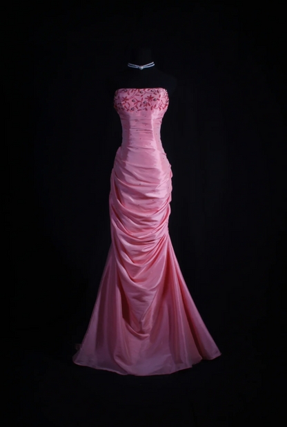 Chic Strapless Mermaid Long Prom Dresses Satin Beaded Pink Evening Dresses Sleeveless Birthday Dresses DP04291