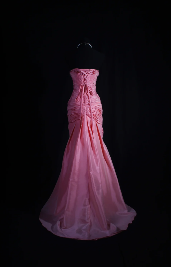 Chic Strapless Mermaid Long Prom Dresses Satin Beaded Pink Evening Dresses Sleeveless Birthday Dresses DP04291