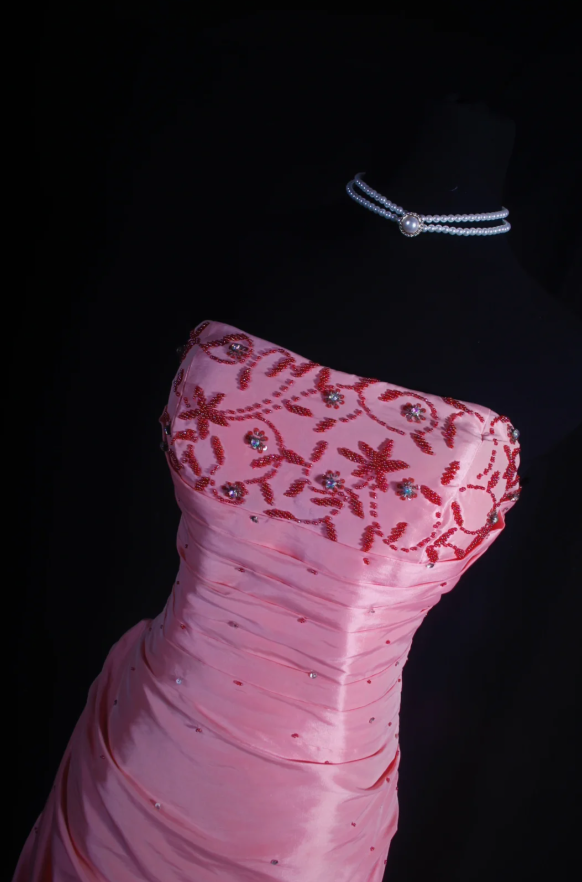 Chic Strapless Mermaid Long Prom Dresses Satin Beaded Pink Evening Dresses Sleeveless Birthday Dresses DP04291