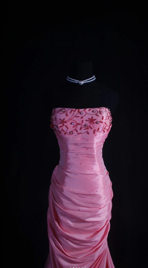 Chic Strapless Mermaid Long Prom Dresses Satin Beaded Pink Evening Dresses Sleeveless Birthday Dresses DP04291