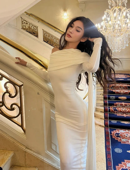 Chic Sheath Long Prom Dresses Chiffon White Evening Dresses Long Sleeves Birthday Dresses DP04292