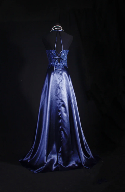 Chic Halter A-Line Long Prom Dresses Applique Satin Navy Blue Evening Dresses Sleeveless Birthday Dresses DP04293