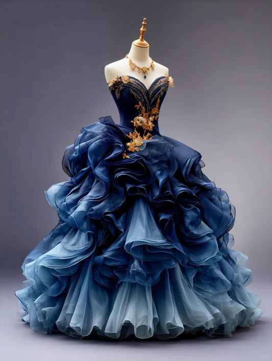 Gorgeous Sweetheart Ball Gown Tulle Long Prom Dresses Tulle Navy Blue Quinceanera Dresses Sleeveless Sweet 16 Dresses DP04295