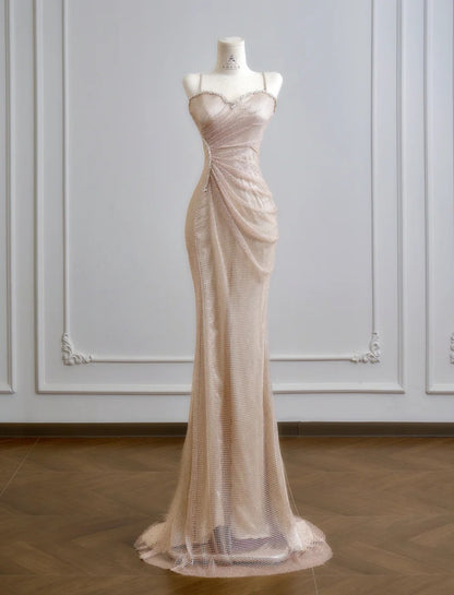 Elegant Spaghetti Straps Sheath Long Prom Dresses Tulle Champagne Birthday Dresses Sleeveless Evening Dresses DP04296