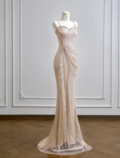 Elegant Spaghetti Straps Sheath Long Prom Dresses Tulle Champagne Birthday Dresses Sleeveless Evening Dresses DP04296