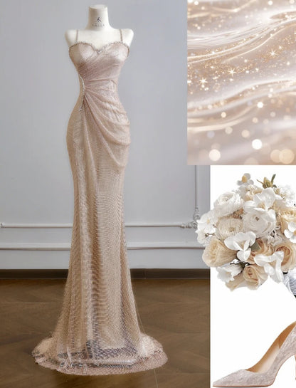 Elegant Spaghetti Straps Sheath Long Prom Dresses Tulle Champagne Birthday Dresses Sleeveless Evening Dresses DP04296