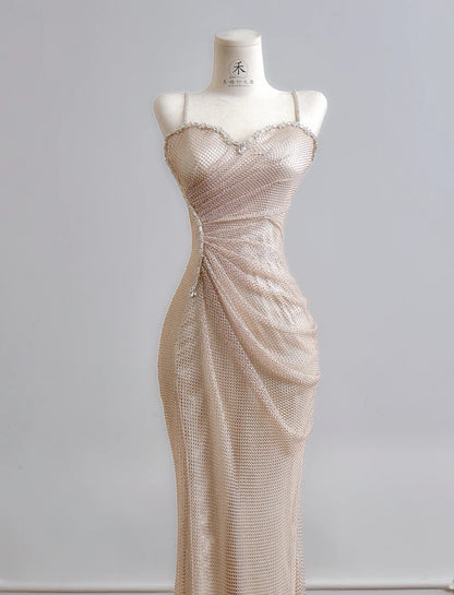 Elegant Spaghetti Straps Sheath Long Prom Dresses Tulle Champagne Birthday Dresses Sleeveless Evening Dresses DP04296