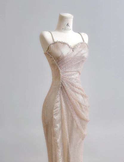 Elegant Spaghetti Straps Sheath Long Prom Dresses Tulle Champagne Birthday Dresses Sleeveless Evening Dresses DP04296