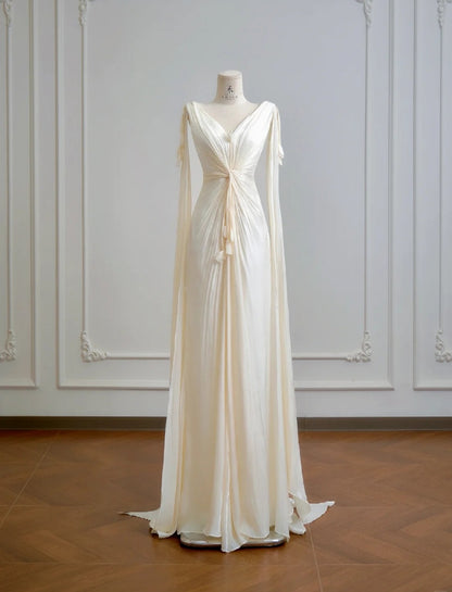 Chic V-Neck Sheath Long Wedding Dresses Chiffon Champagne  Bridal Gowns Sleeveless Bridal Dresses DP04314