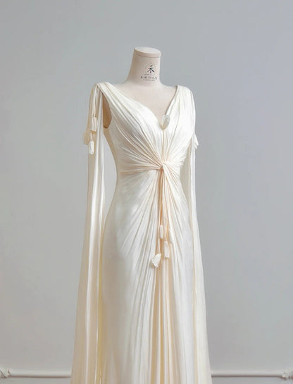 Chic V-Neck Sheath Long Wedding Dresses Chiffon Champagne  Bridal Gowns Sleeveless Bridal Dresses DP04314