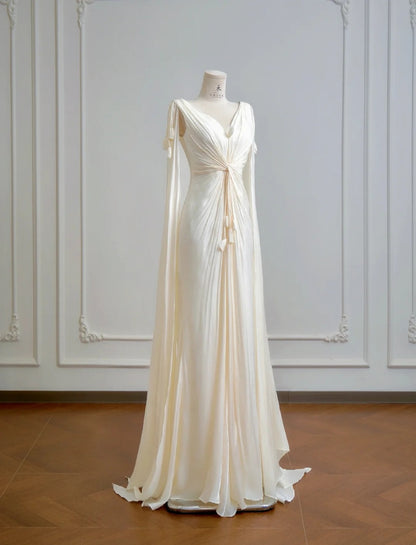 Chic V-Neck Sheath Long Wedding Dresses Chiffon Champagne  Bridal Gowns Sleeveless Bridal Dresses DP04314