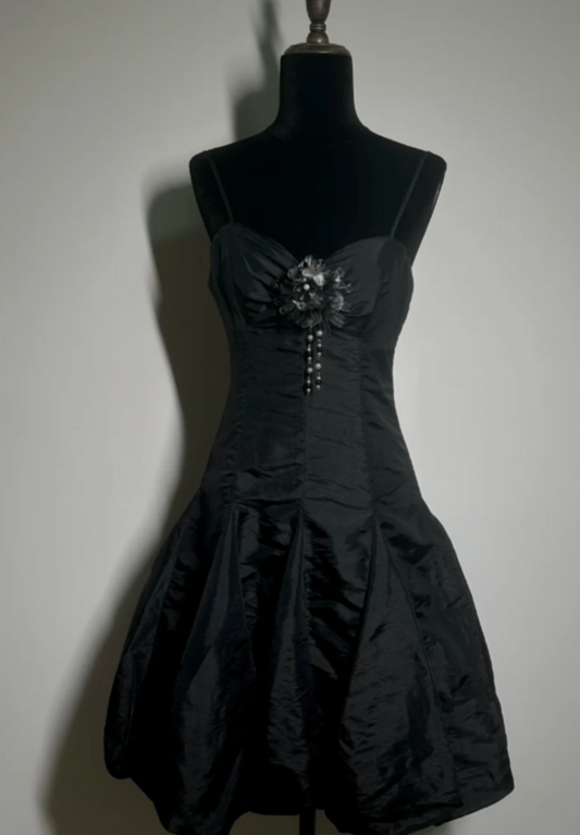 Fairy Spaghetti Straps A-Line Short Prom Dresses Satin Black Party Dresses Sleeveless Birthday Dresses DP04316