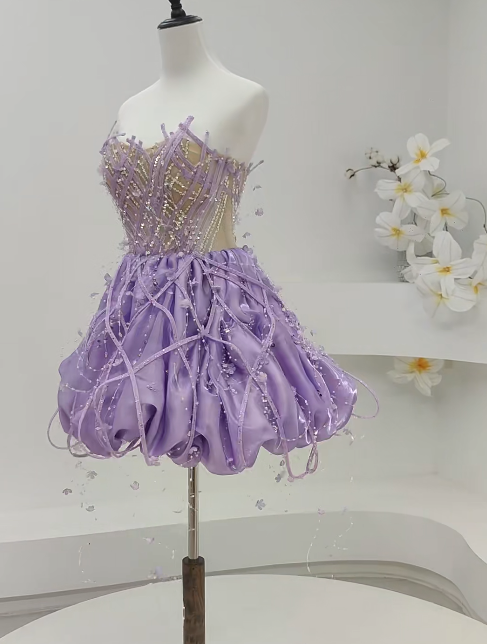 Fairy Strapless A-Line Short Prom Dresses Beaded Tulle Lilac Party Dresses Sleeveless Birthday Dresses DP04318