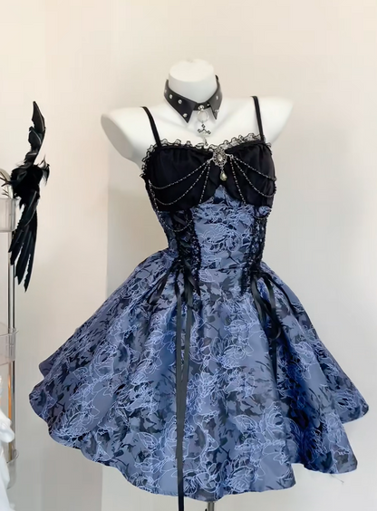 Fairy Spaghetti Straps A-Line Short Prom Dresses Jacquard Satin Gray Blue Party Dresses Sleeveless Birthday Dresses DP04319