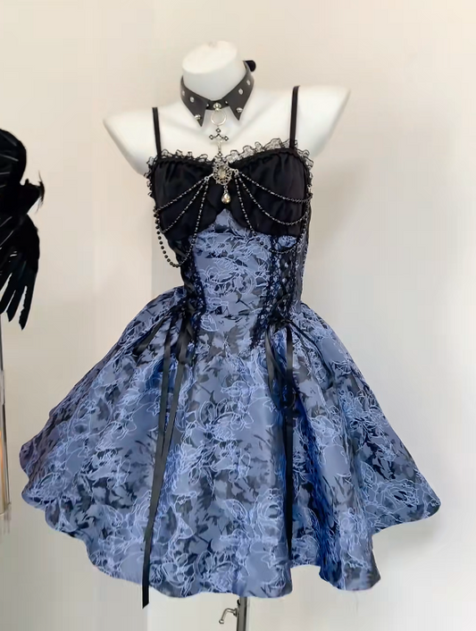 Fairy Spaghetti Straps A-Line Short Prom Dresses Jacquard Satin Gray Blue Party Dresses Sleeveless Birthday Dresses DP04319