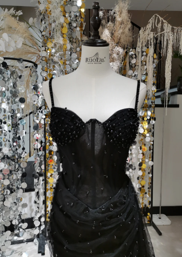 Fairy Spaghetti Straps Sheath Short Prom Dresses Beaded Tulle Black Party Dresses Sleeveless Birthday Dresses DP04320