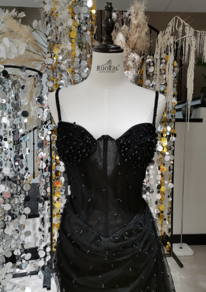 Fairy Spaghetti Straps Sheath Short Prom Dresses Beaded Tulle Black Party Dresses Sleeveless Birthday Dresses DP04320