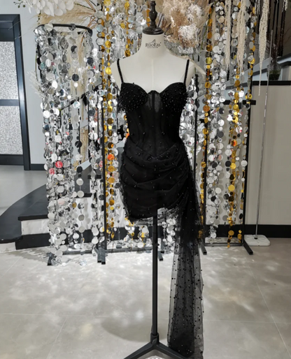 Fairy Spaghetti Straps Sheath Short Prom Dresses Beaded Tulle Black Party Dresses Sleeveless Birthday Dresses DP04320