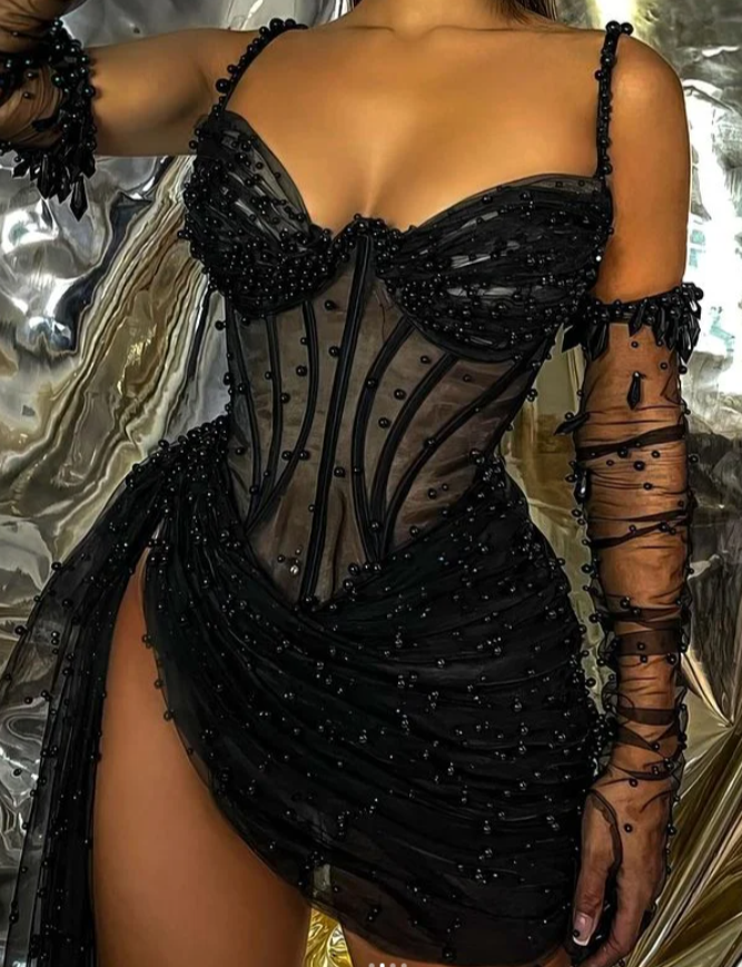 Fairy Spaghetti Straps Sheath Short Prom Dresses Beaded Tulle Black Party Dresses Sleeveless Birthday Dresses DP04320