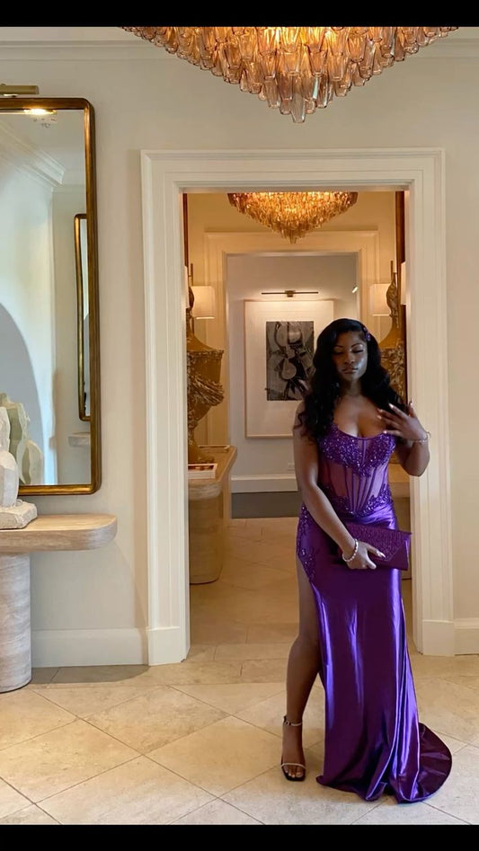 Purple Spaghetti Straps Sheath Long Prom Dresses Chic Satin Applique Sleeveles Evening Dresses Spaghetti Straps Birthday Dresses DP04322