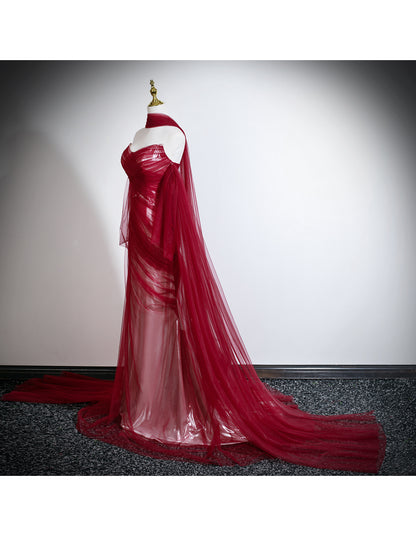 Burgundy Sheath Long Prom Dresses Chic Tulle Sleeveless Evening Dresses Sweetheart Birthday Dresses DP04324