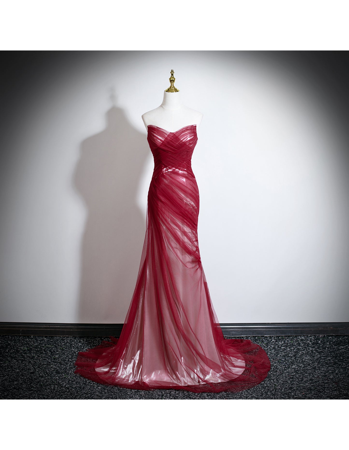 Burgundy Sheath Long Prom Dresses Chic Tulle Sleeveless Evening Dresses Sweetheart Birthday Dresses DP04324